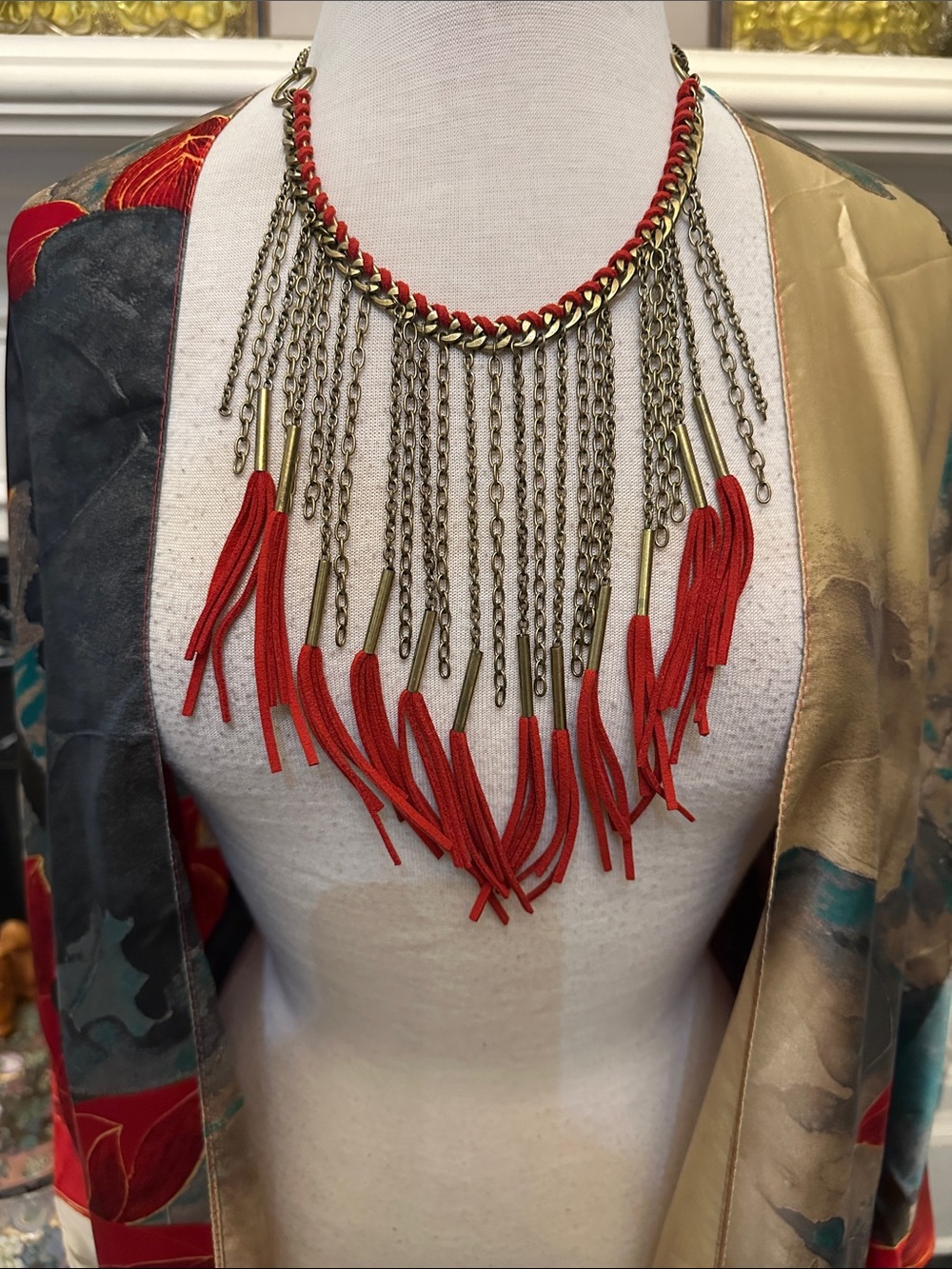 Fabulous Antique Gold Necklace With Red Suede Fringe Trim